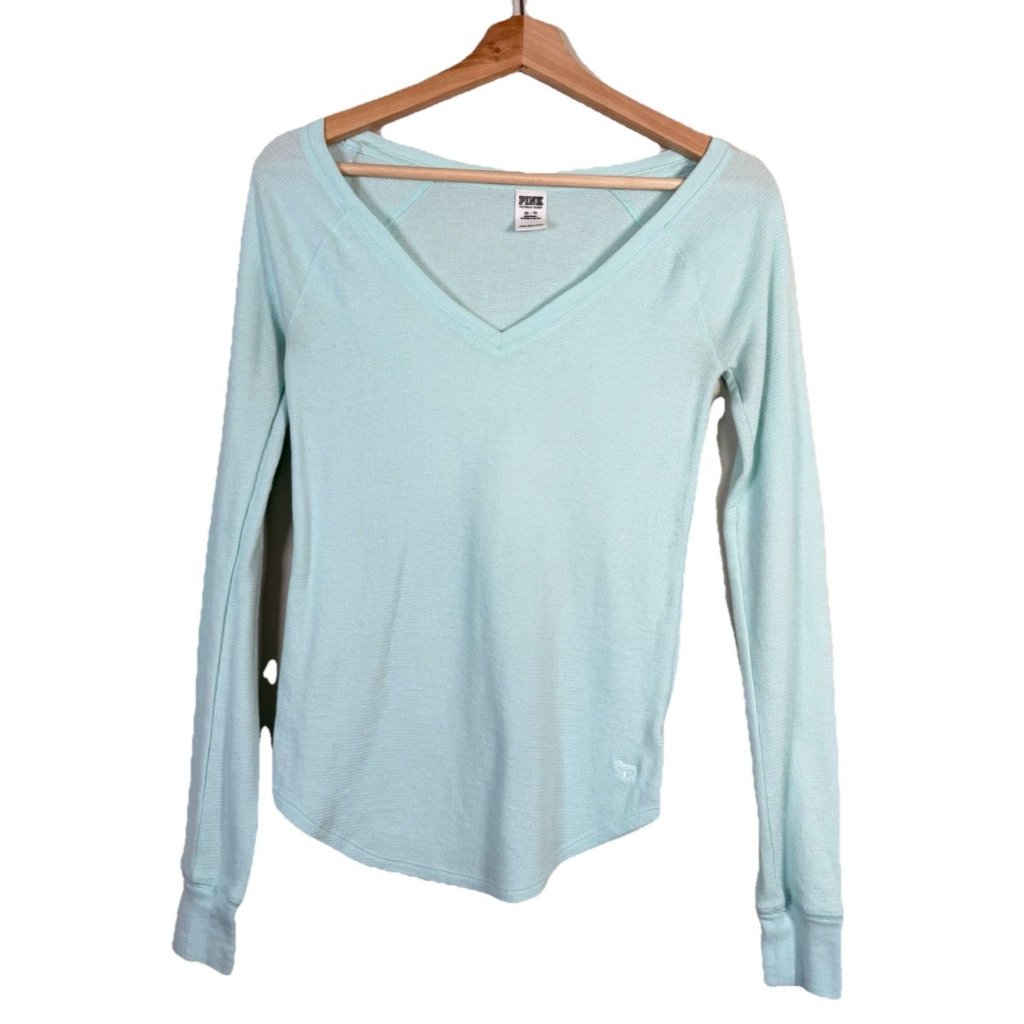 Victoria's Secret Pink Thermal Top Sz Xs Waffle Knit Long-Sleeve Shirt Teal Y2k